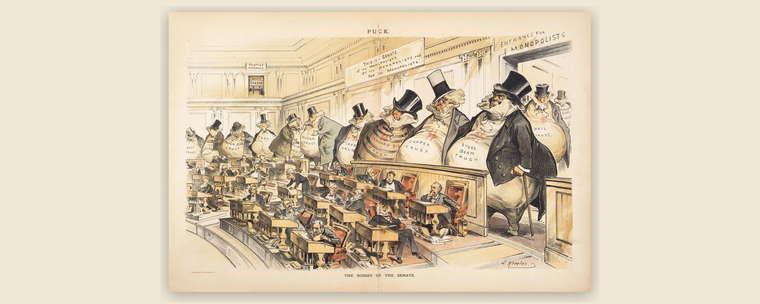 Joseph Keppler's 1889 Puck cartoon The Bosses of the Senate, showing trust figures crowding the Senate chamber.