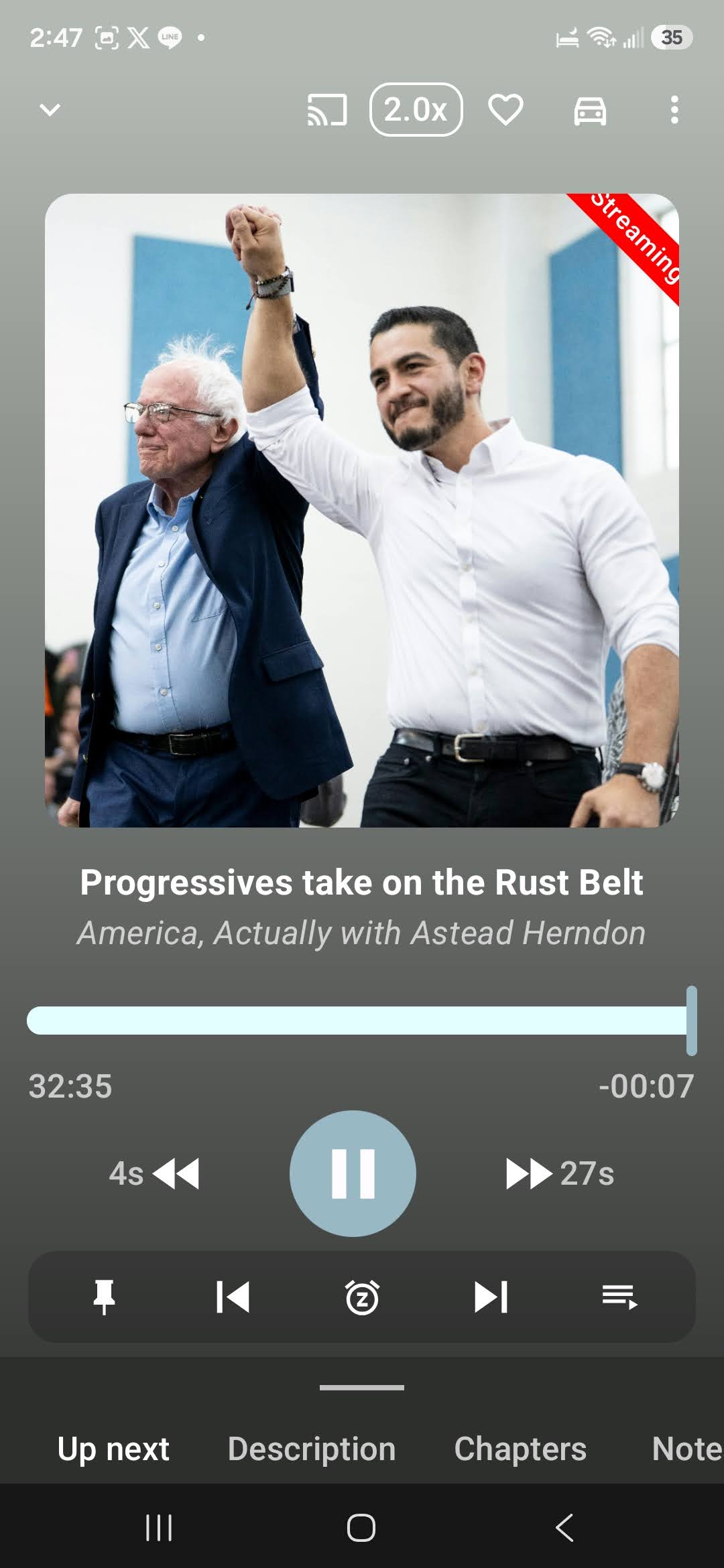 Phone screenshot of an America, Actually with Astead Herndon podcast episode titled Progressives take on the Rust Belt.
