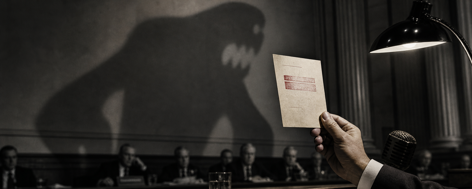 An anonymous hand holding a small marked document in a hearing room, where it casts an enormous monster-like shadow on the wall.